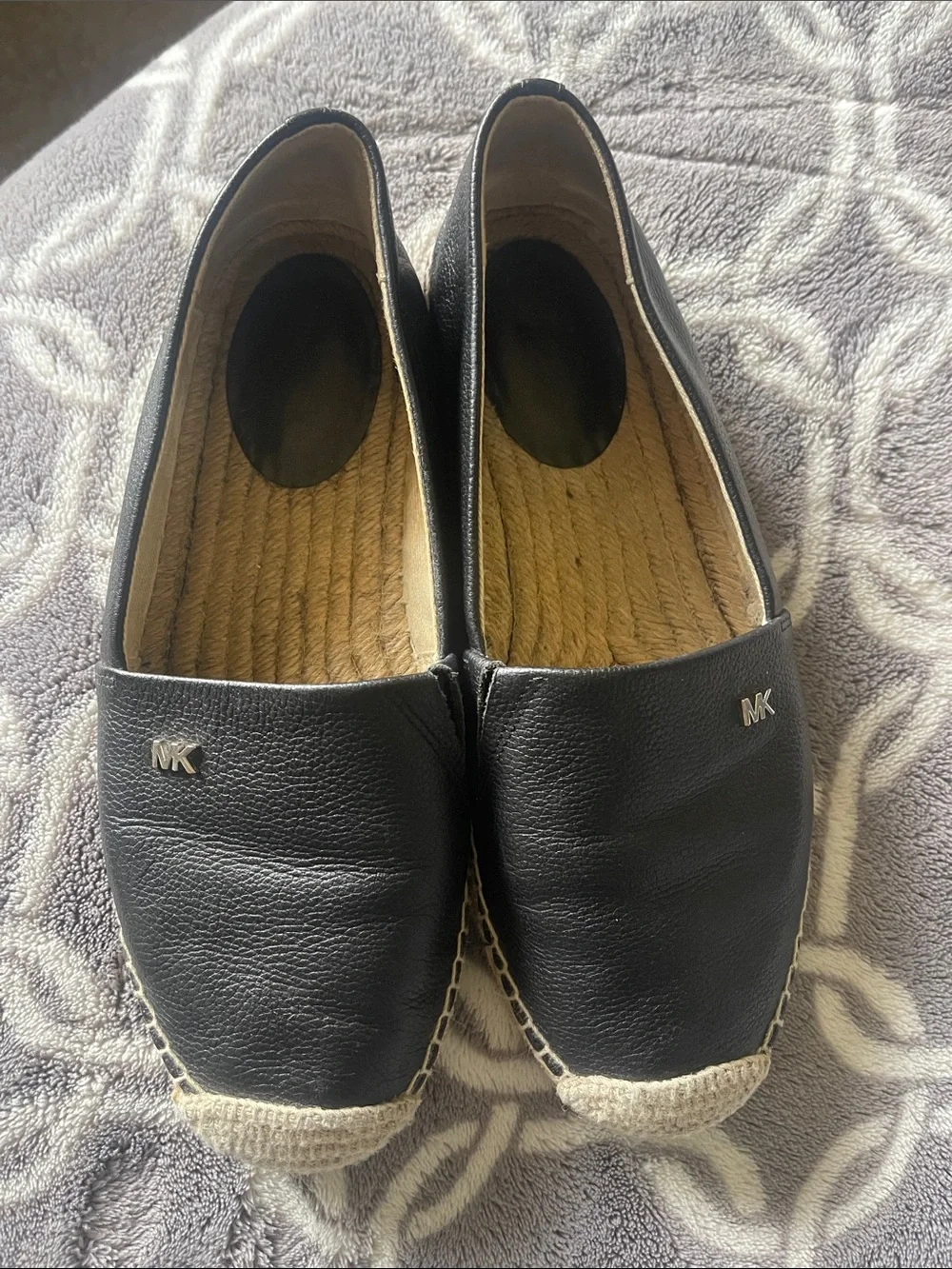 Michael Kors Black Leather Espadrille Slip-Ons with Gold MK Accents